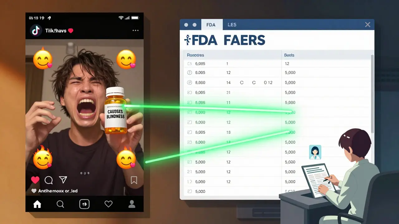 Split scene: chaotic social media viral post vs. calm FDA database showing real adverse event numbers.