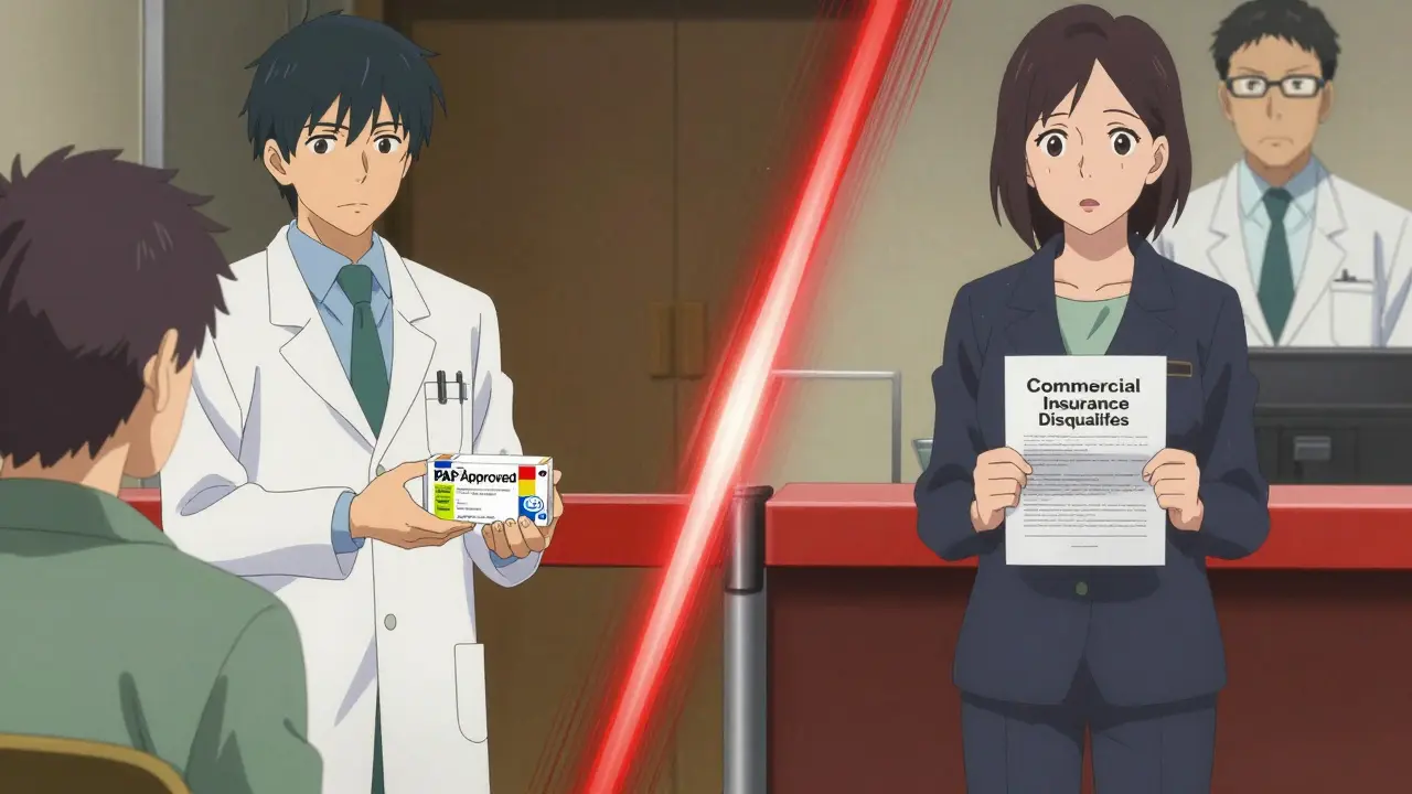 Split scene: patient receiving approved medication vs. being denied by insurance agent.