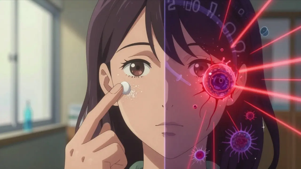 Split-screen of a woman applying sunscreen with UVA rays damaging her skin beneath, showing collagen breakdown and cancer cells.