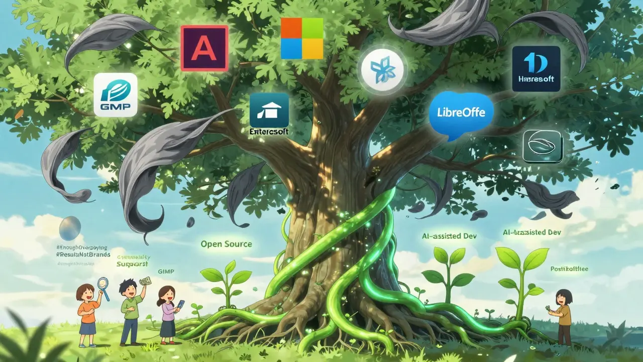 Traditional software brands wilting as open-source alternatives grow from digital roots.