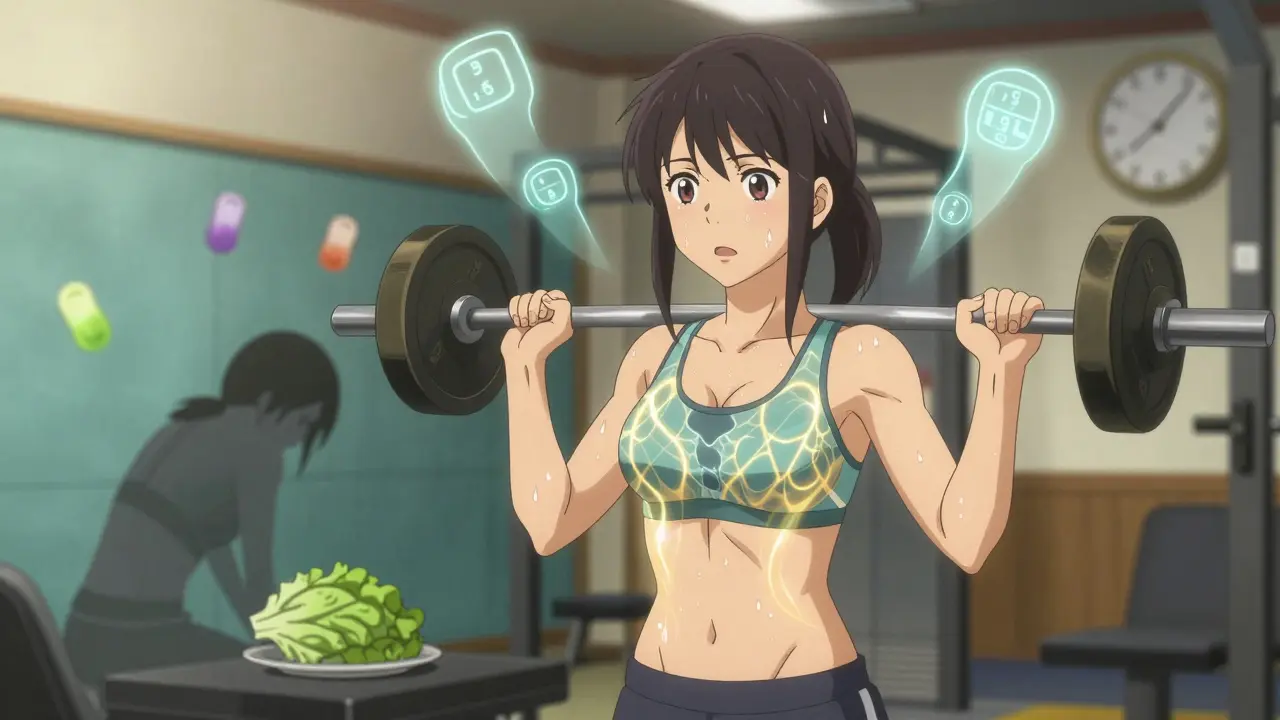 Woman lifting weights with glowing muscle fibers and calorie counters floating nearby.