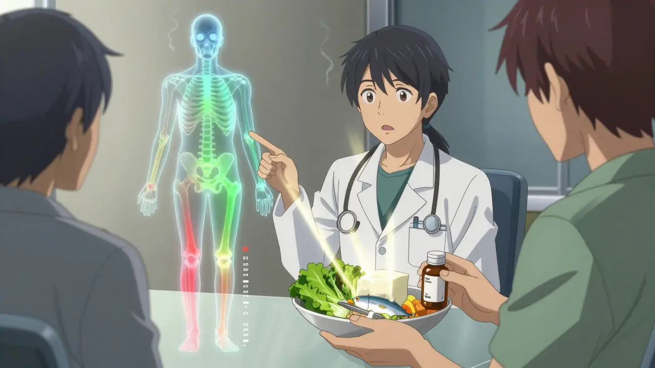 A doctor and patient in a clinic, with transparent bones showing density levels, glowing nutrients from food and supplements flowing into the skeleton.