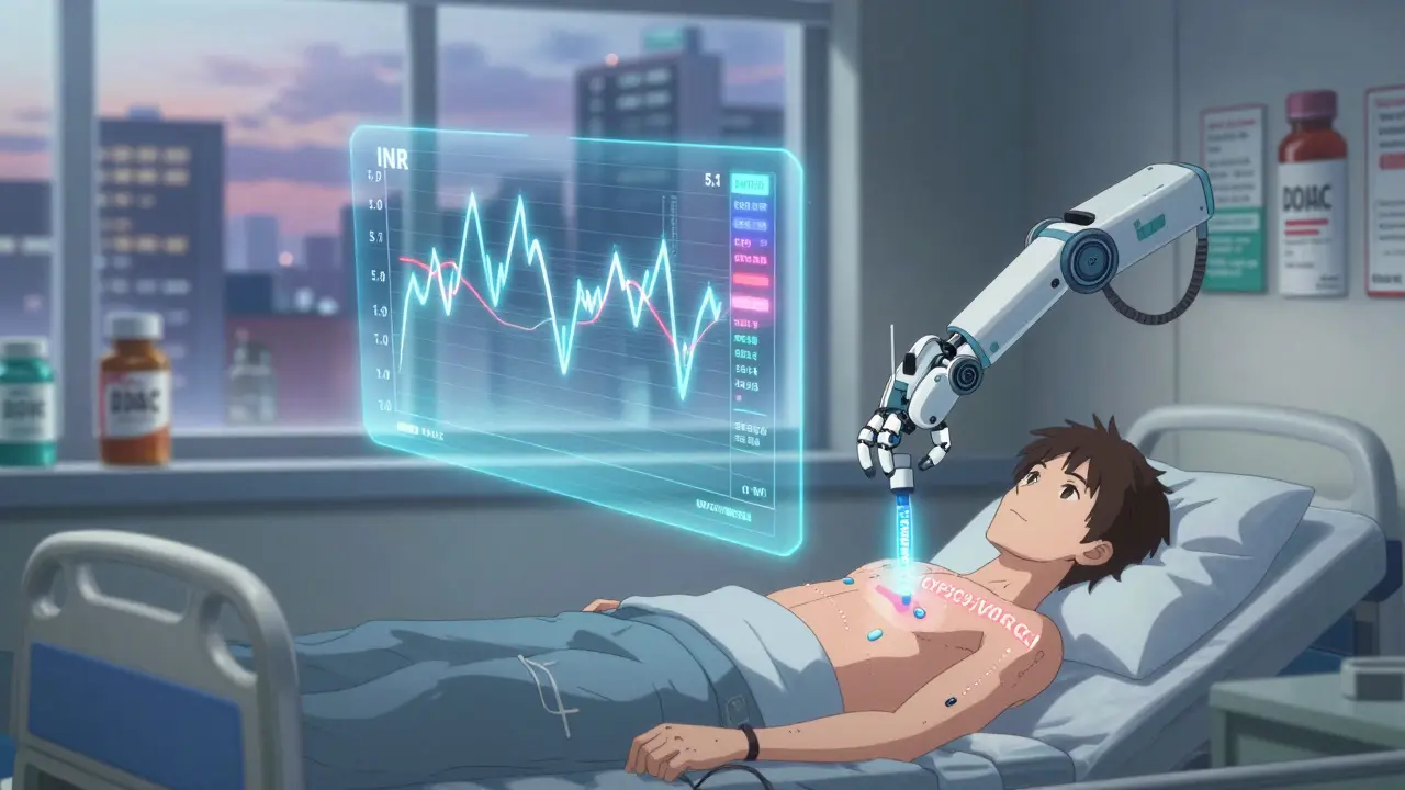 A holographic INR graph fluctuates above a patient as genetic code glows beneath their skin in a futuristic hospital.