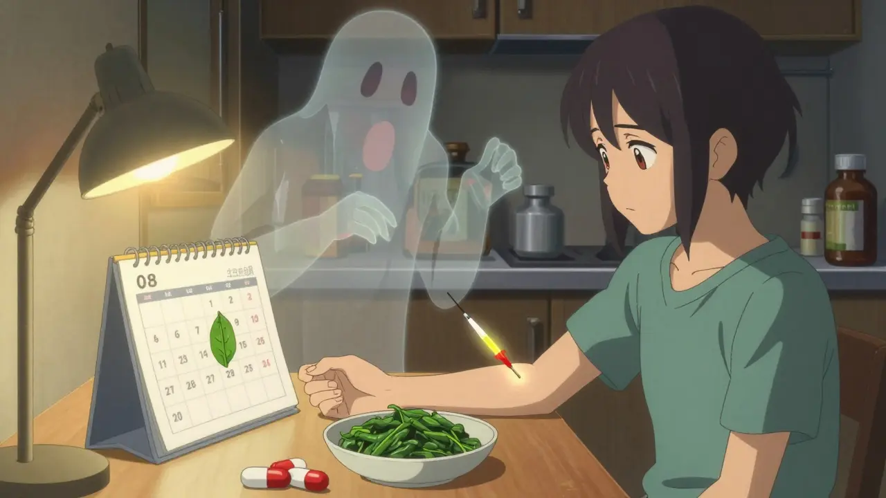 A patient eating consistent spinach daily while dangerous medications loom as shadows in the background.