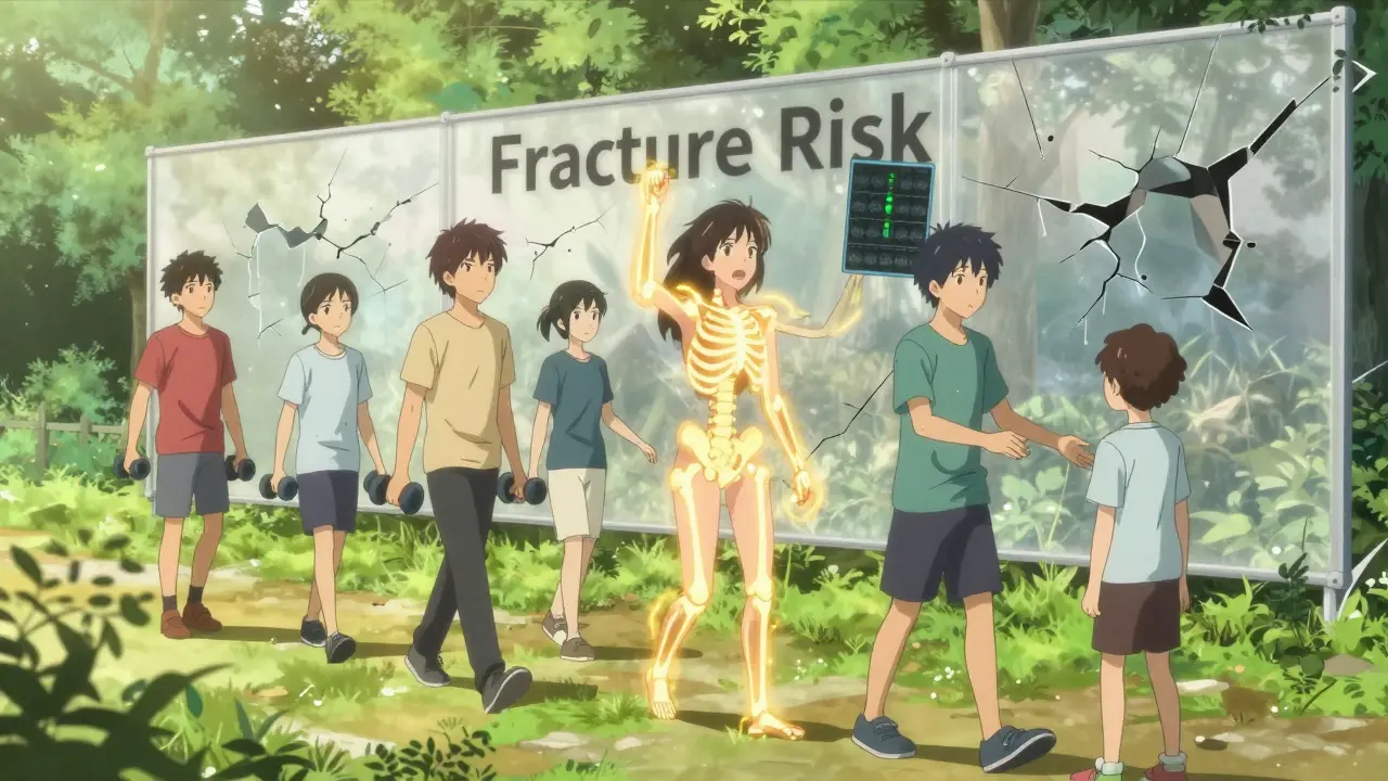 Diverse people exercising in a park, their bones glowing with renewed strength as a crumbling wall labeled 'Fracture Risk' fades behind them.