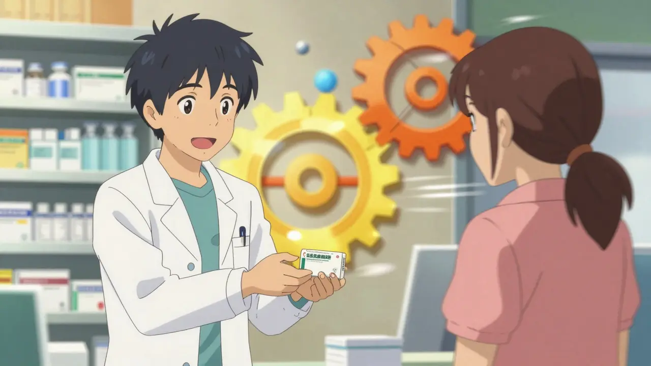Doctor handing generic medicine to patient with speed lines and gears