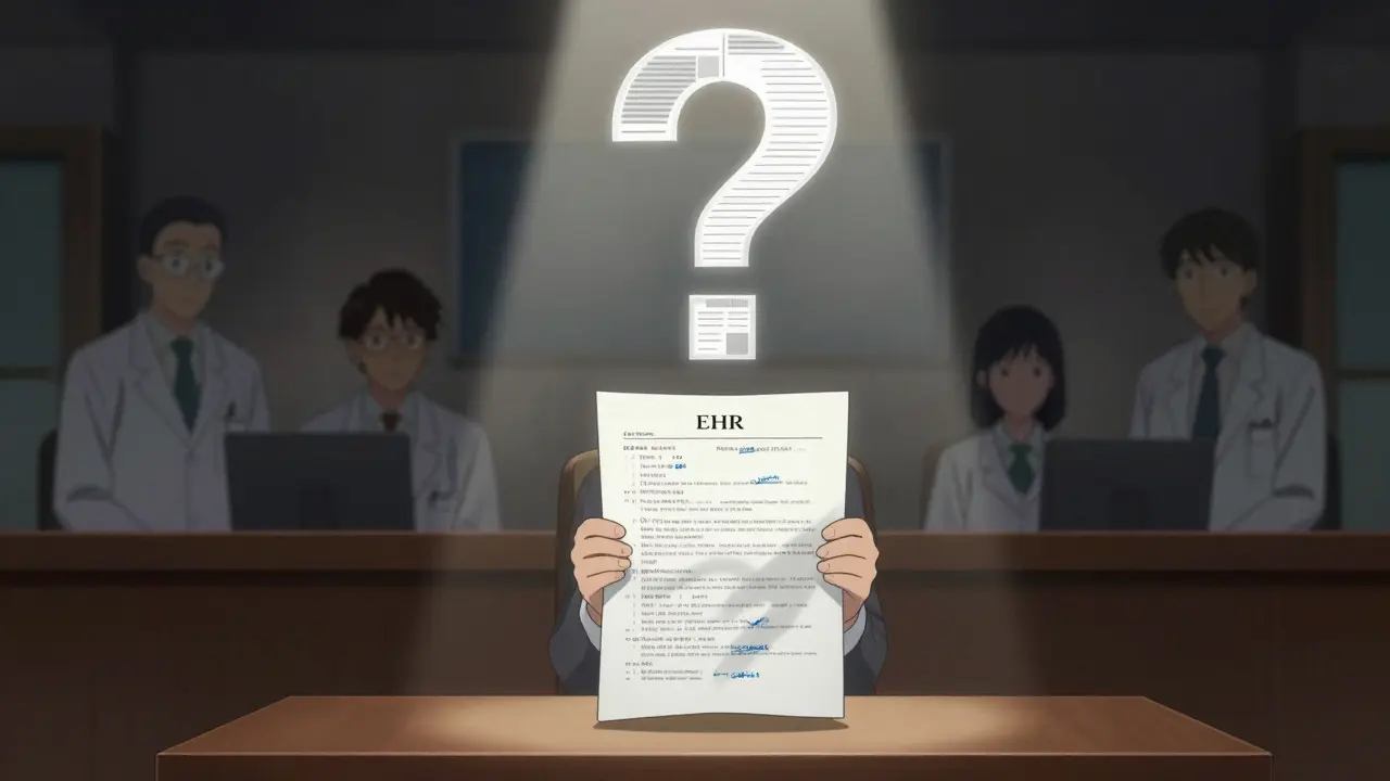 Doctor in courtroom holding detailed medical notes as manufacturer and pharmacist fade into shadow.