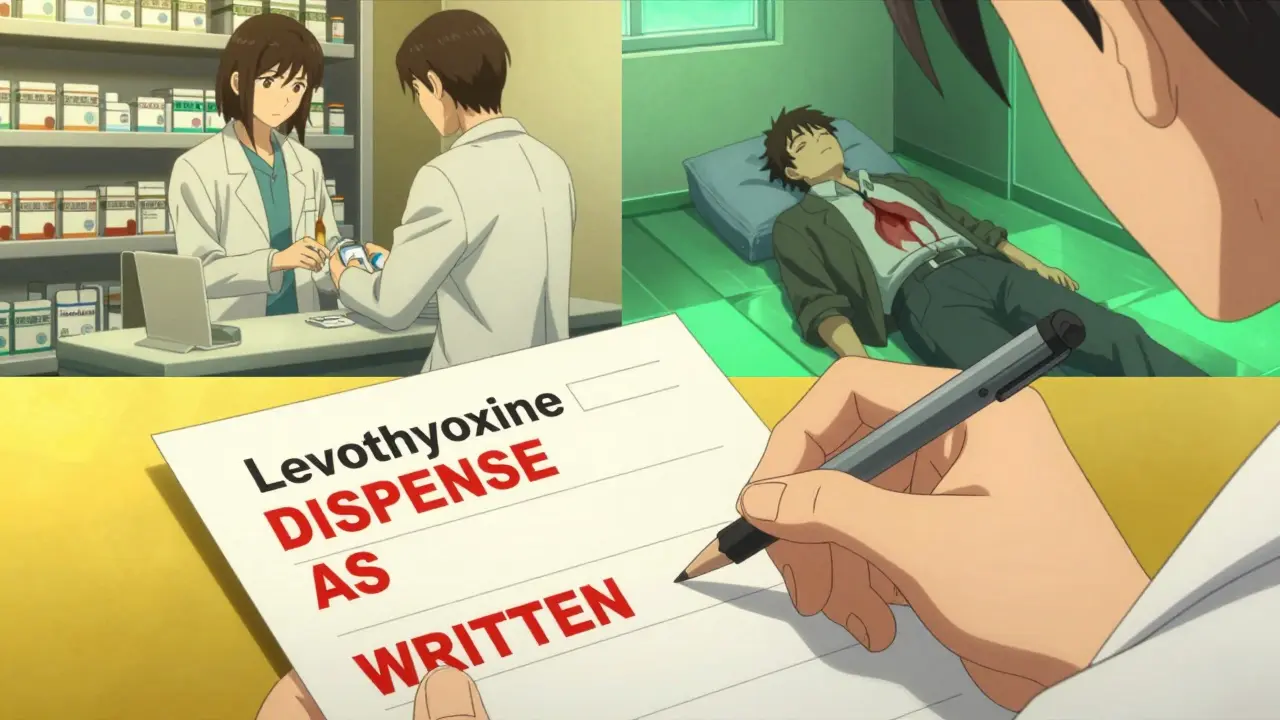 Doctor signs 'dispense as written' prescription while behind, substitution and patient injury are shown in split panels.