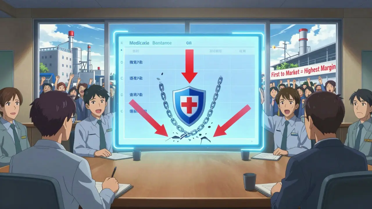 Medicare agents using generic drug benchmarks to shatter a brand-name drug's patent shields in a glowing boardroom.