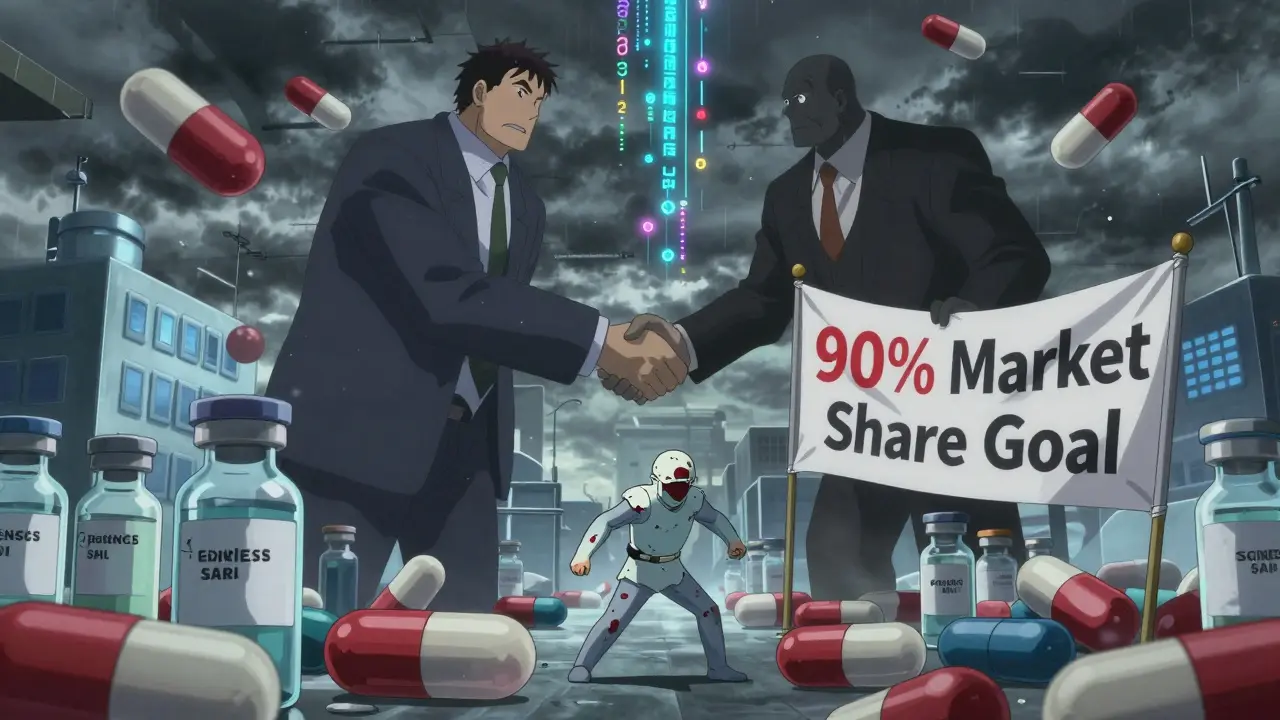 Shadowy reverse payment handshake vs. lone biosimilar soldier charging toward market share goal.