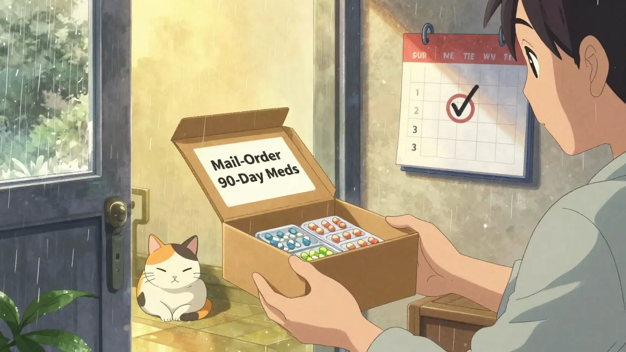 Someone receiving a mail-order 90-day medication package at home on a rainy day.