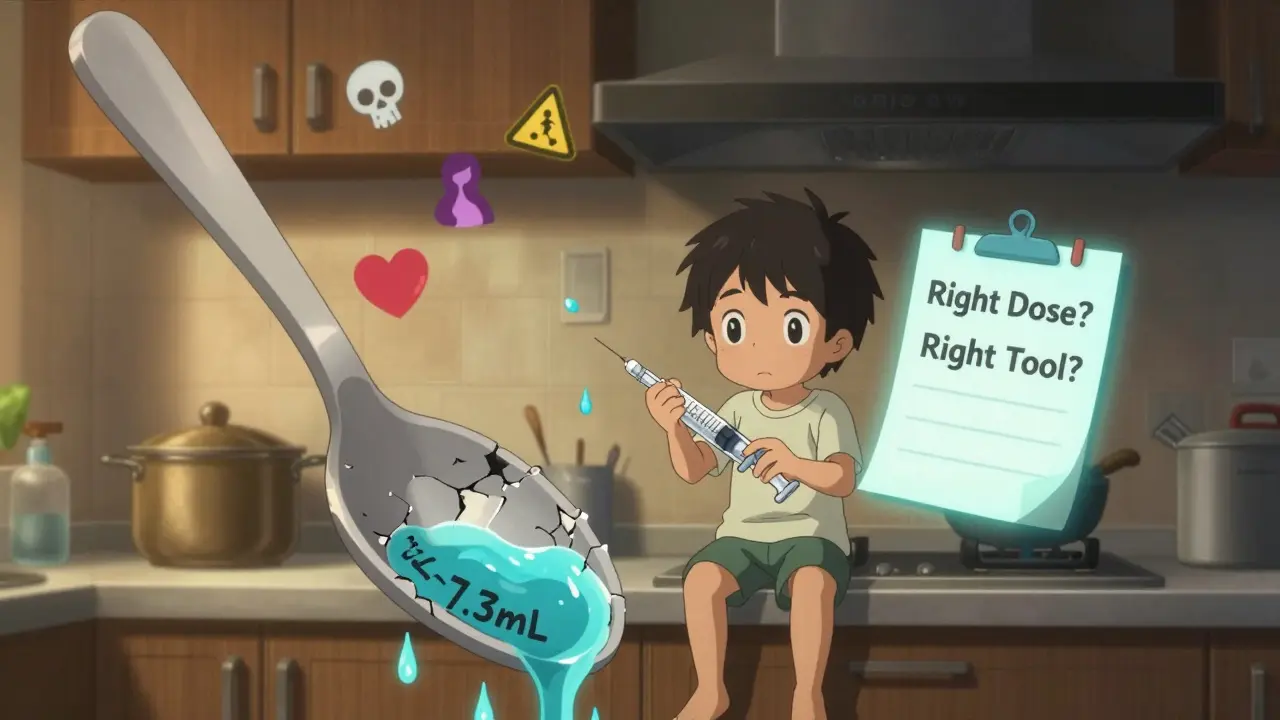 A child uses a syringe to measure liquid medicine while a giant distorted spoon looms nearby.