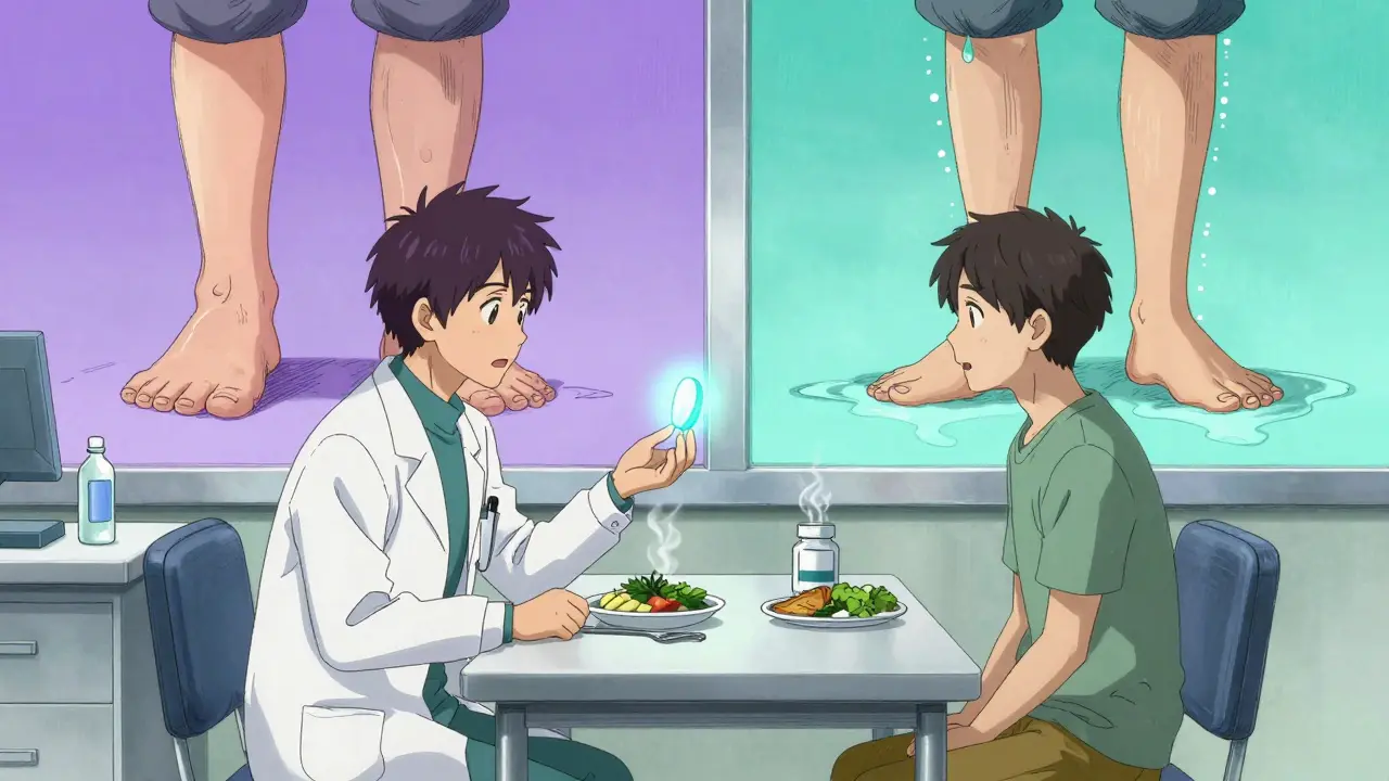 A doctor and patient at a clinic, with a glowing pill between them as swollen legs transform into healthy ones.