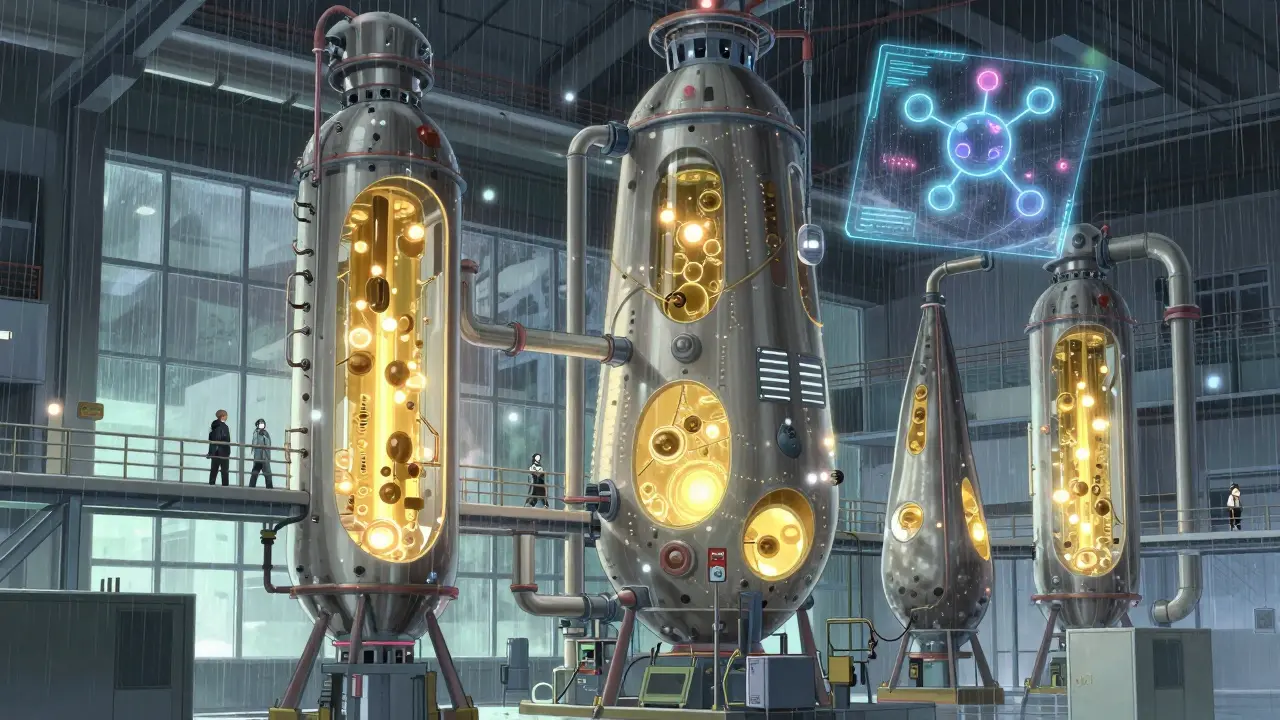 A futuristic biologics factory with glowing bioreactors and AI holograms, rain falling outside its windows.
