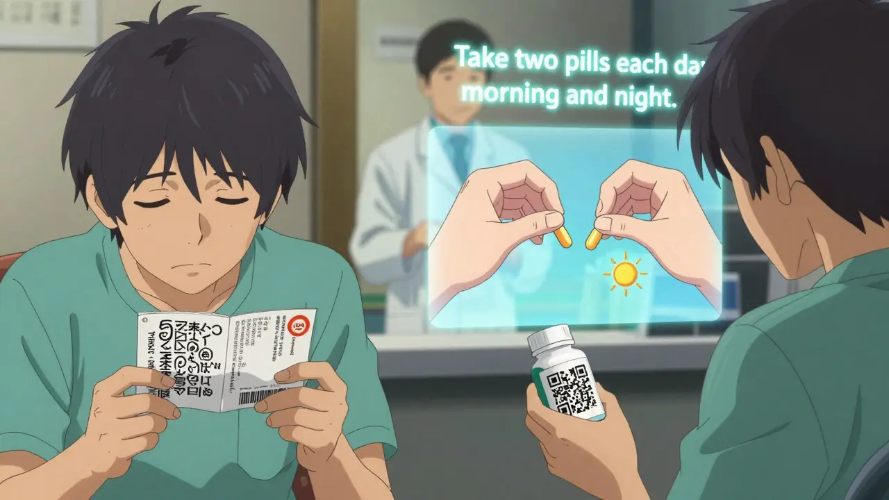 A person scans a QR code on a medicine bottle, projecting a clear animated instruction video.