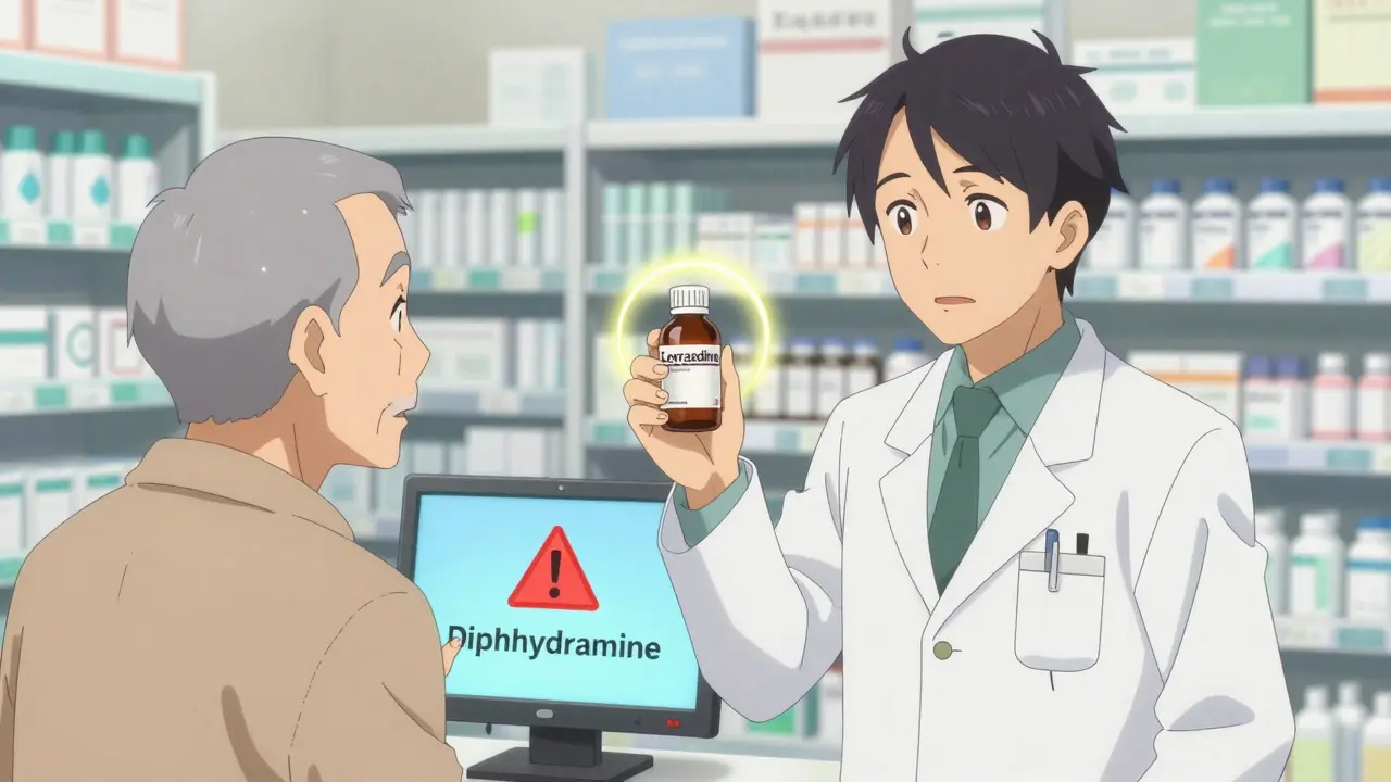 A pharmacist showing a senior safer medication alternatives in a brightly lit pharmacy.