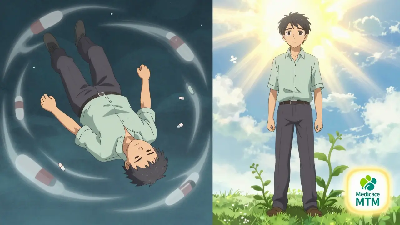 A senior falling due to medication side effects on one side, standing safely on the other with improved treatment.