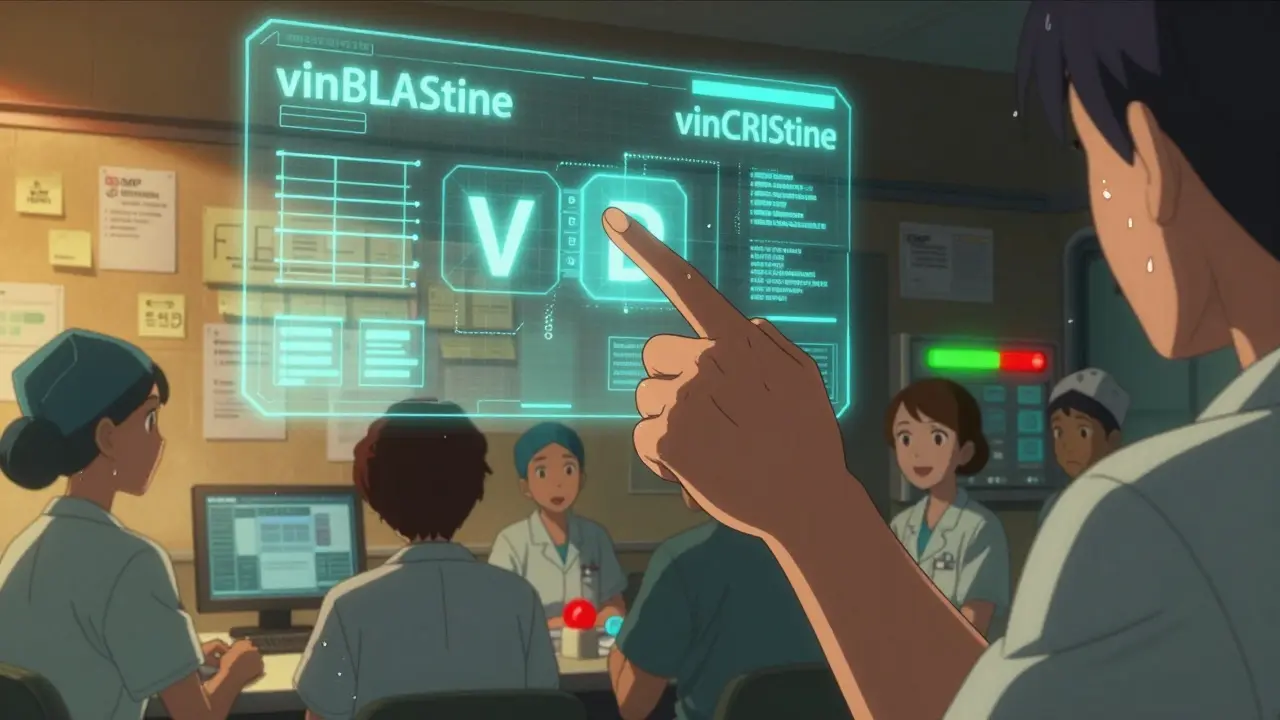 Healthcare team reviewing holographic drug name pairs with highlighted capital letters to prevent medication errors.