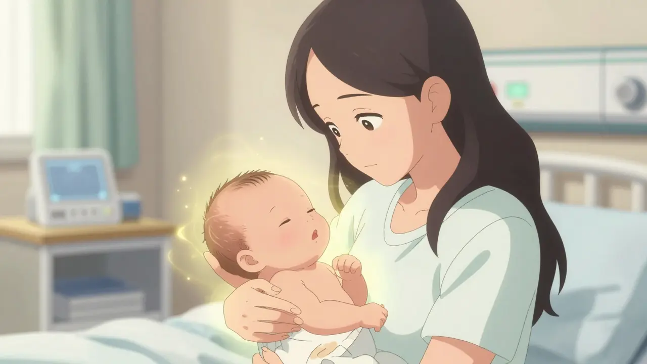 Parent holding monitored newborn baby