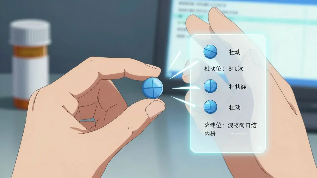 Patient comparing two pills with transparent ingredient labels showing they are identical.