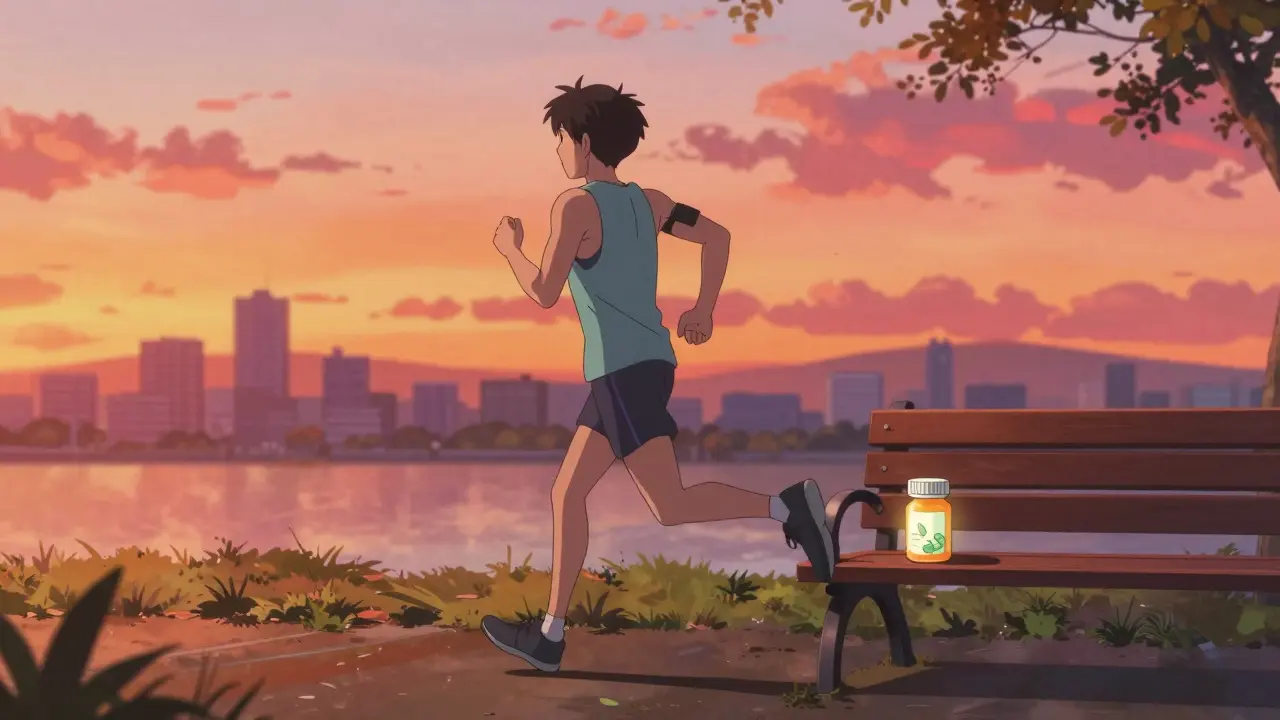 Person jogging in stylized cityscape with pill bottle on nearby bench.