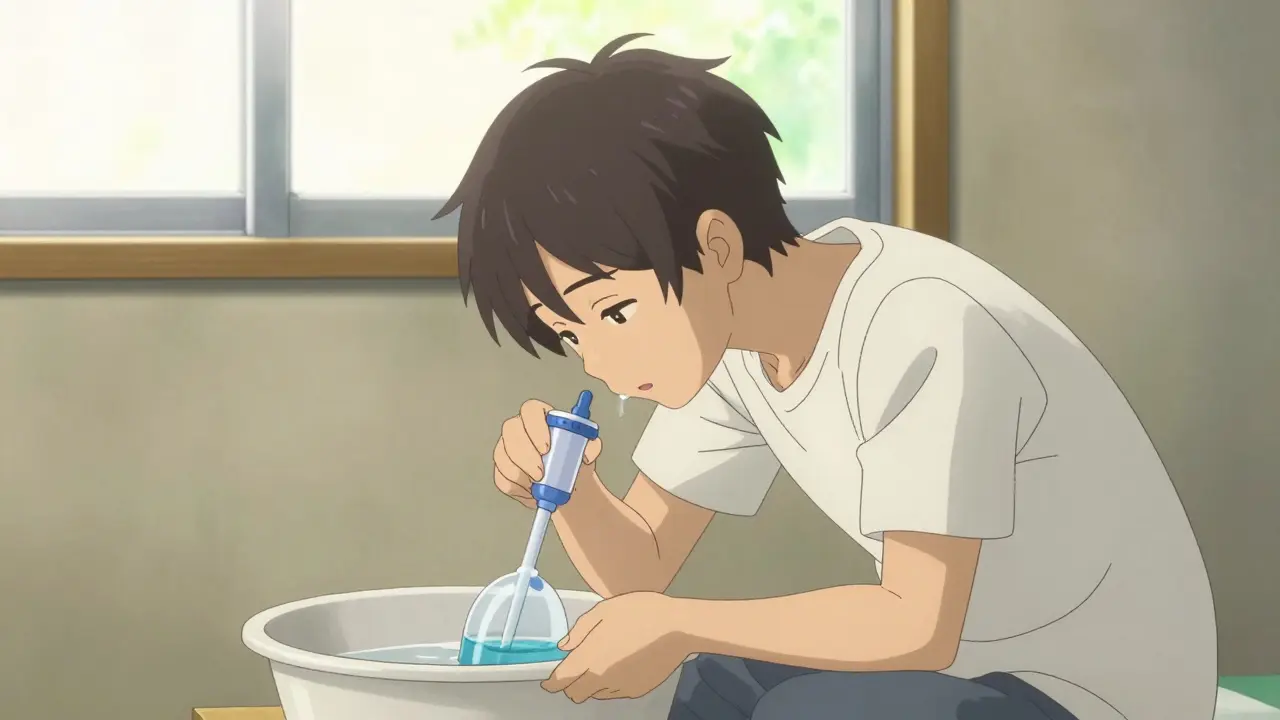 Person using saline neti pot in sunlit room for sinus relief