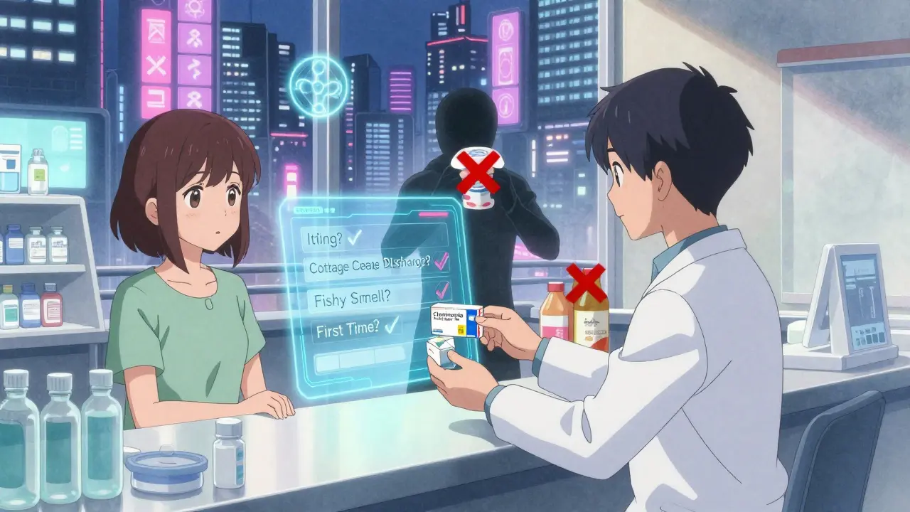 Pharmacist dispenses OTC yeast treatment guided by AI diagnostic interface.