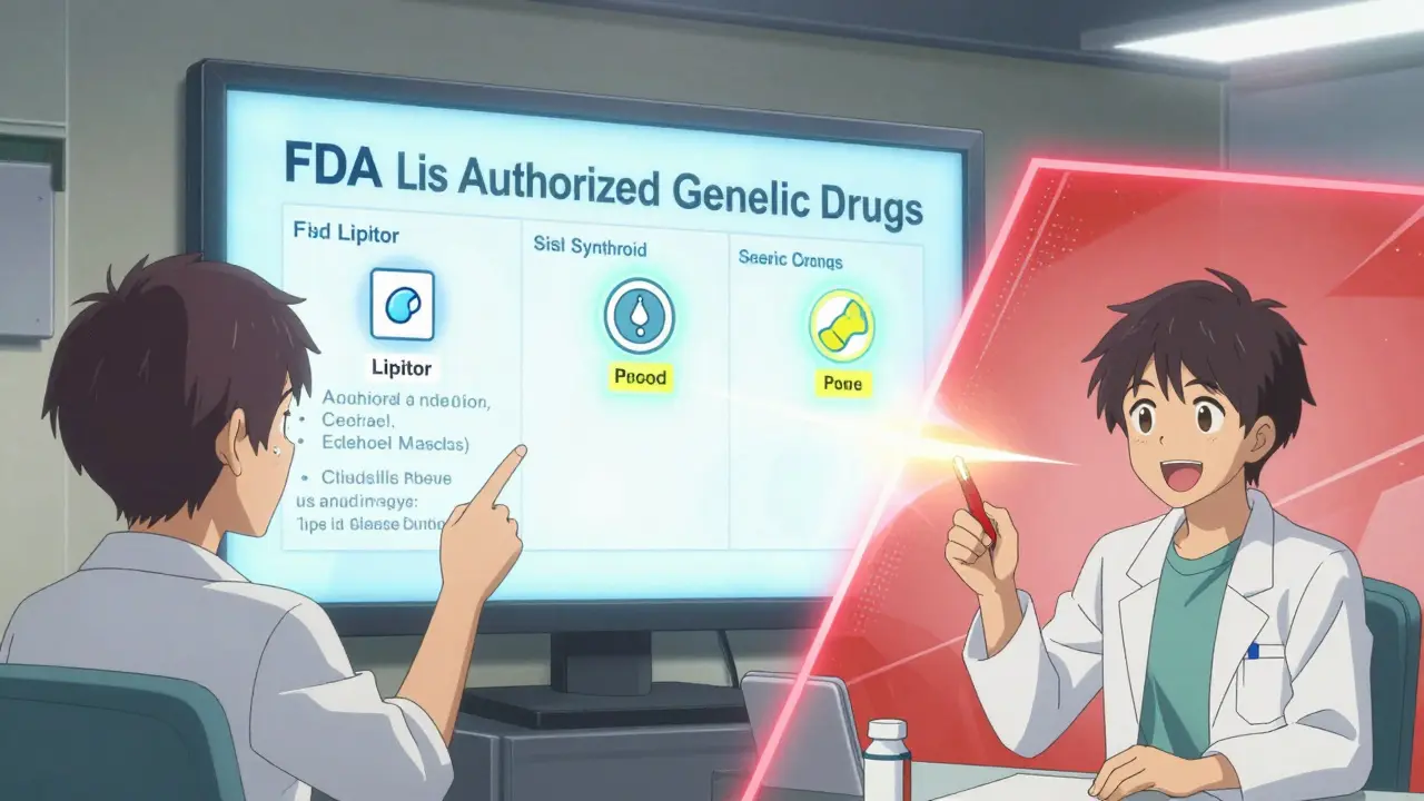 Pharmacist pointing to FDA list of authorized generics with before-and-after patient scenes.