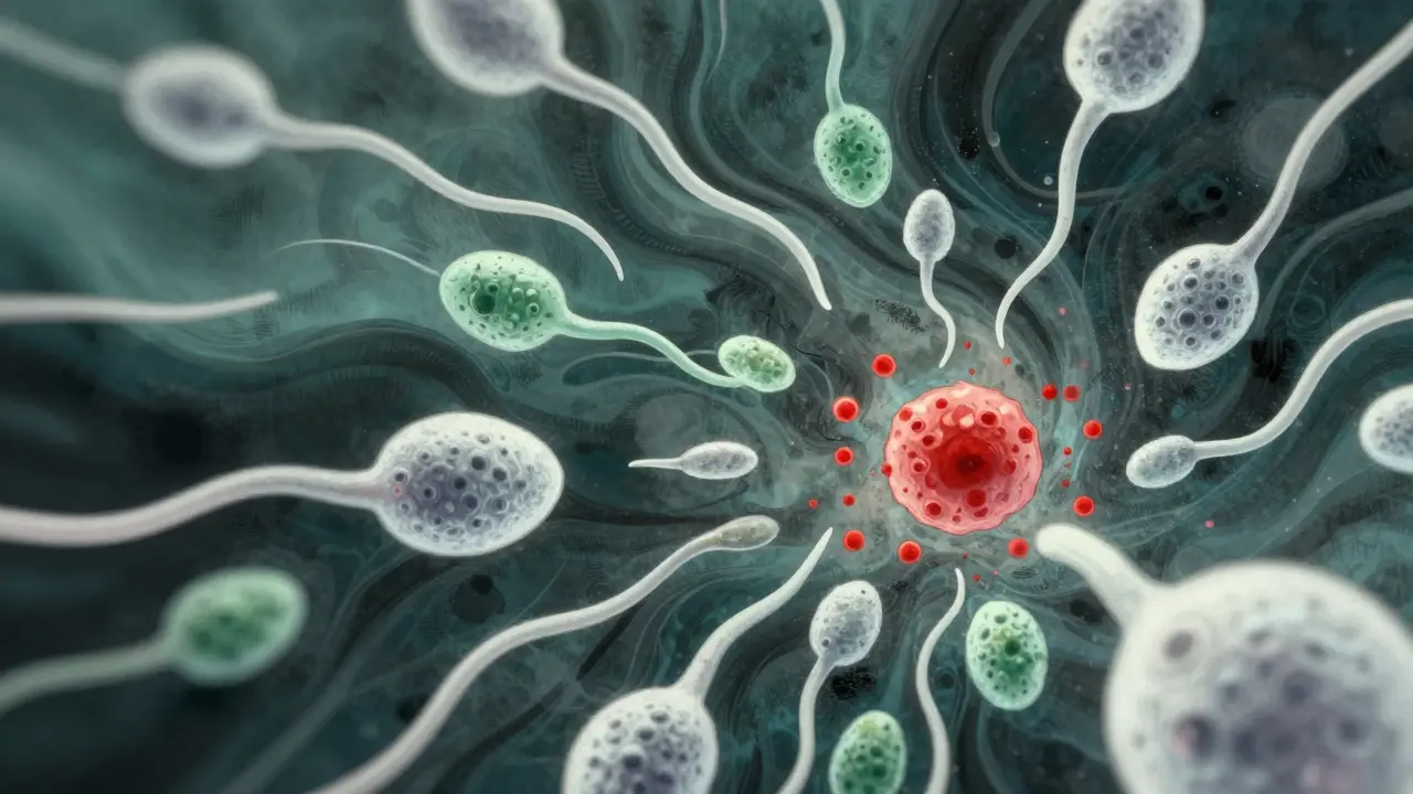 Stylized abstract art of immune and reproductive cells