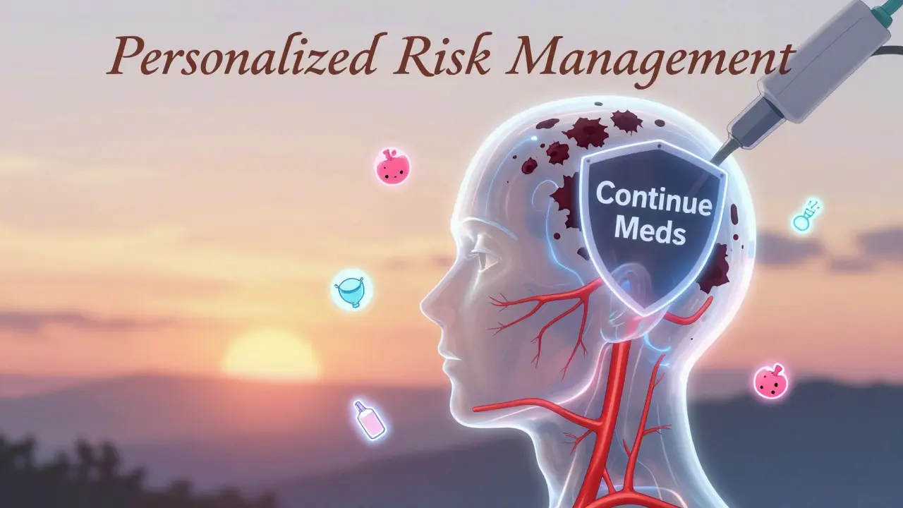 Transparent head with safe blood flow during cosmetic procedures, protected by 'Continue Meds' shield.