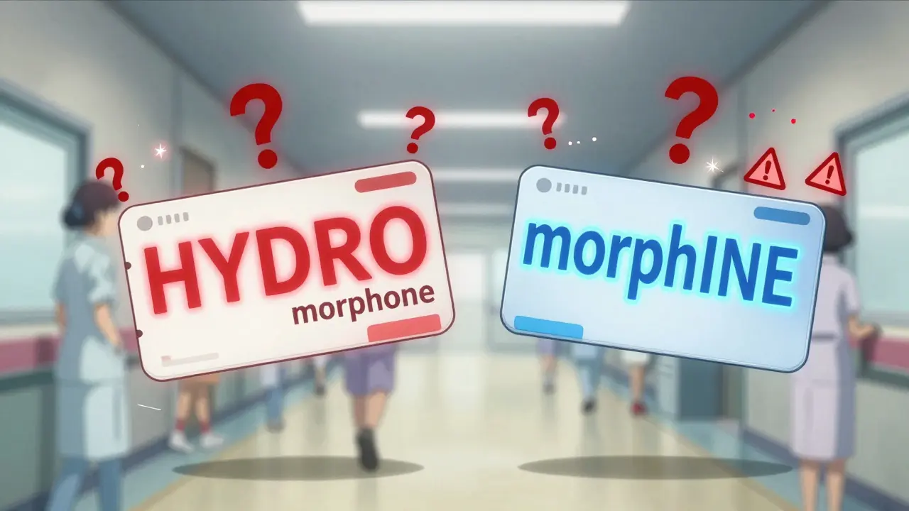 Two drug labels floating with glowing capital letters 'HYDRO' and 'INE' to show visual distinction between similar medication names.