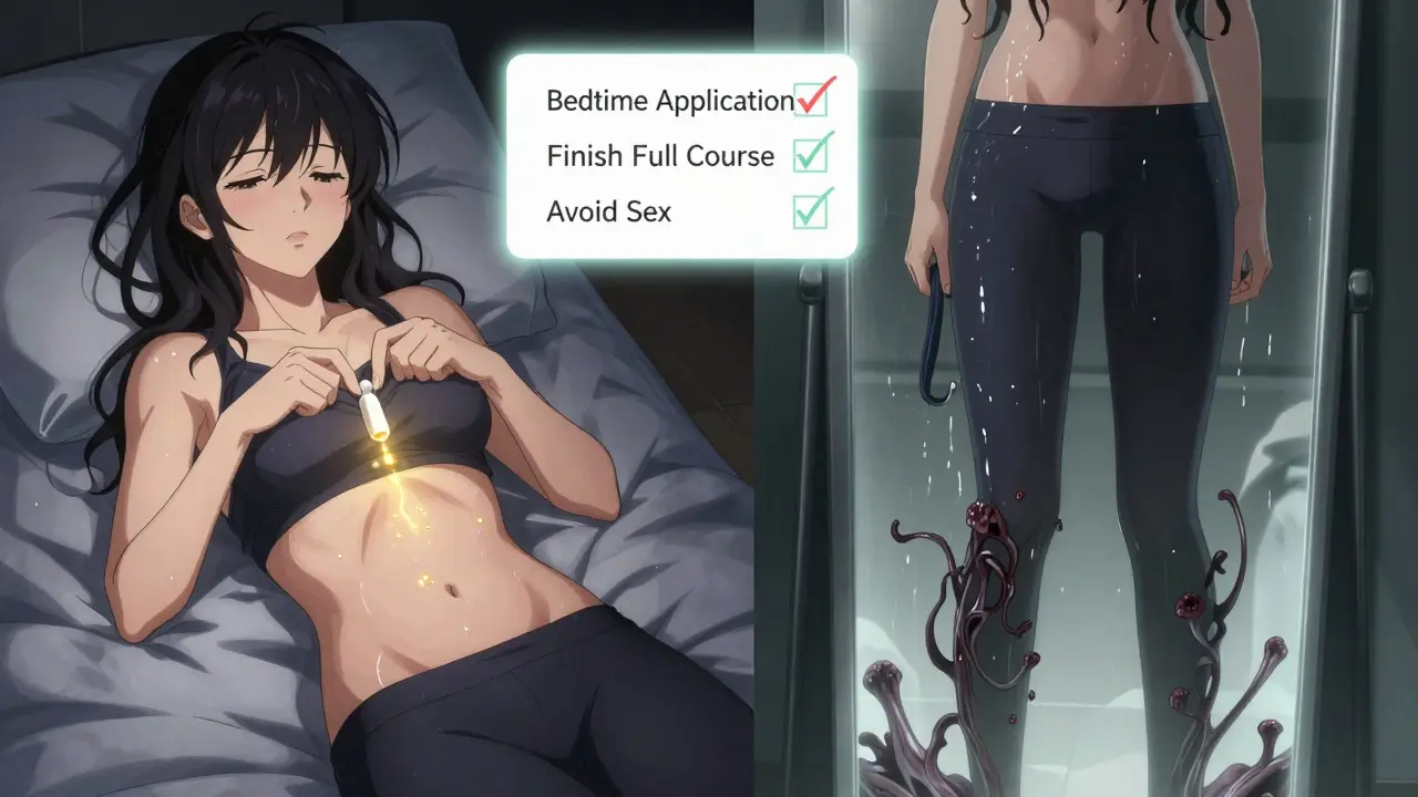 Woman correctly using treatment with contrasting harmful habits reflected in mirror.