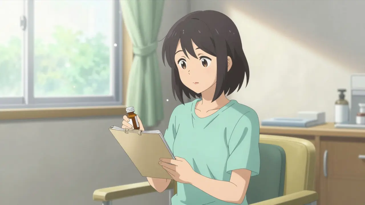 A calm woman feeling recovered and clear-minded in a soft, bright anime style.