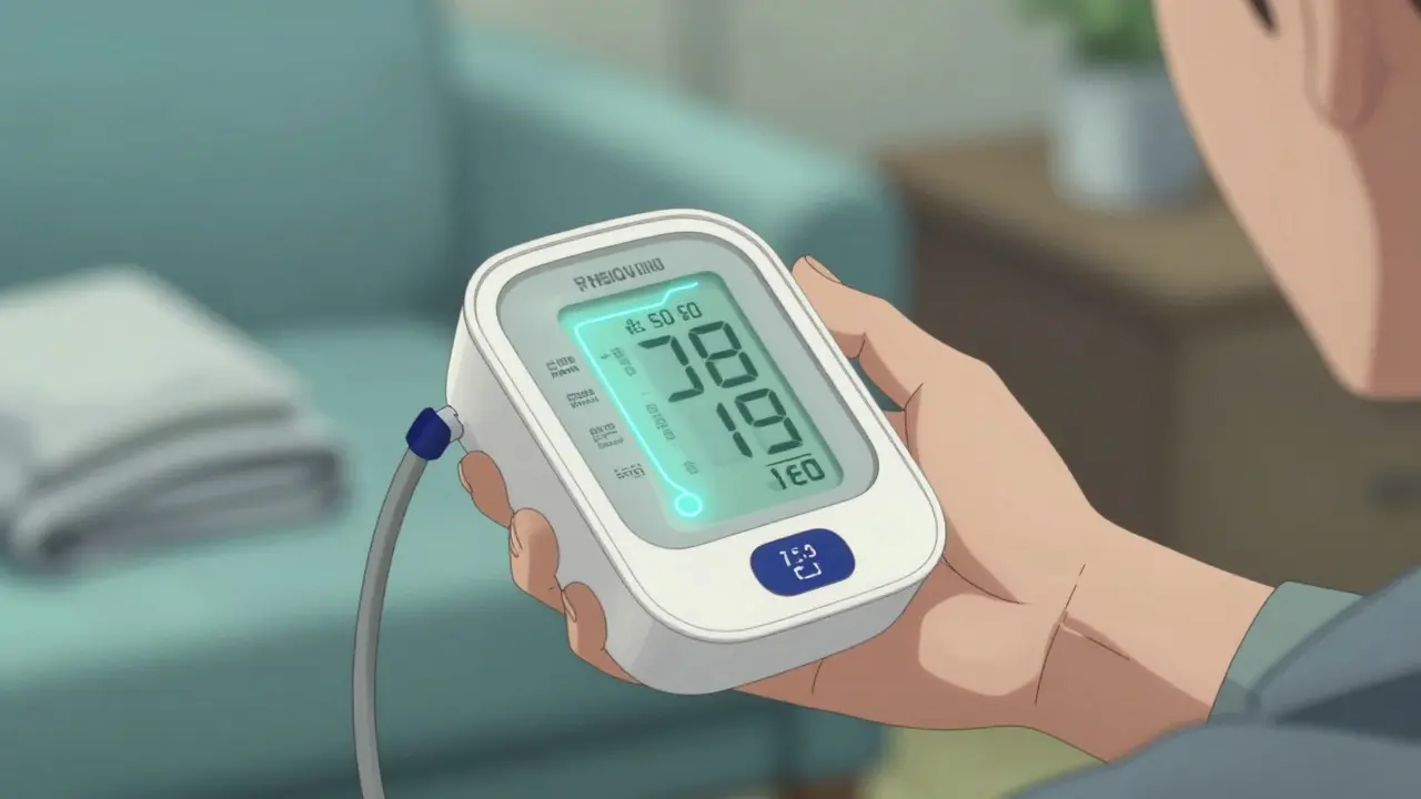 A close-up anime style image of a person using a digital blood pressure monitor with futuristic data.