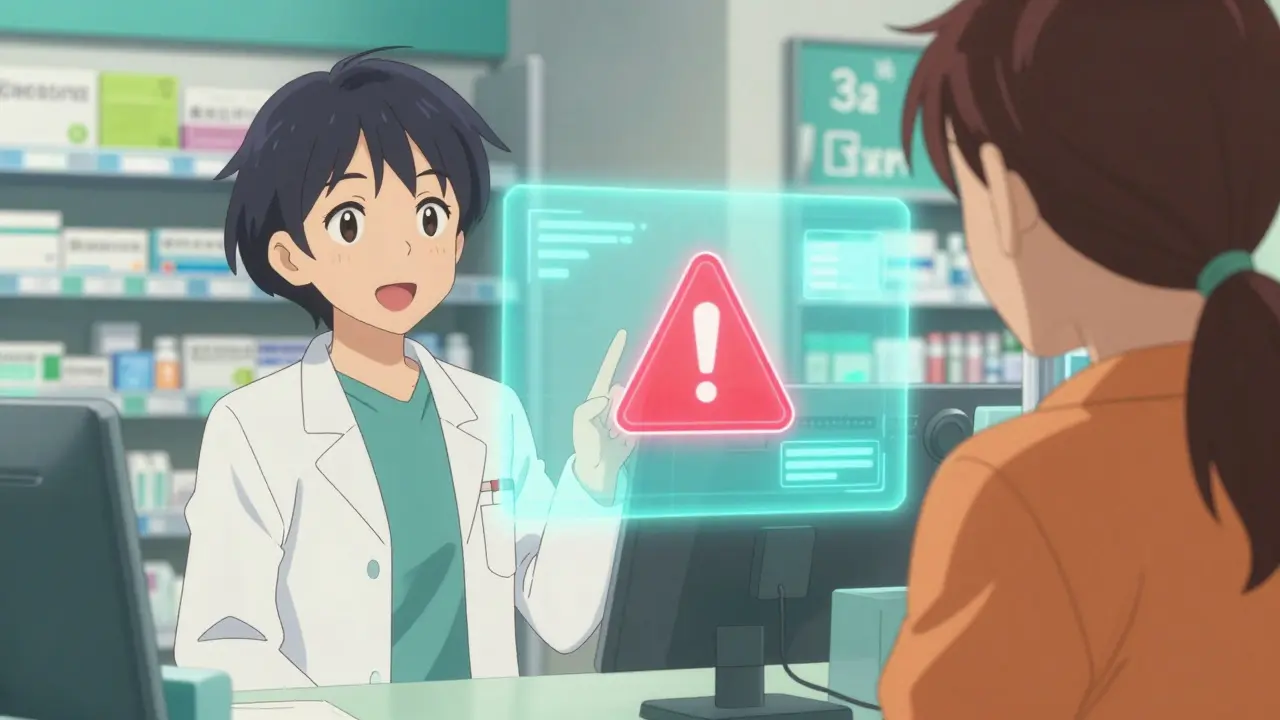A pharmacist showing a red warning alert on a holographic screen to a patient.