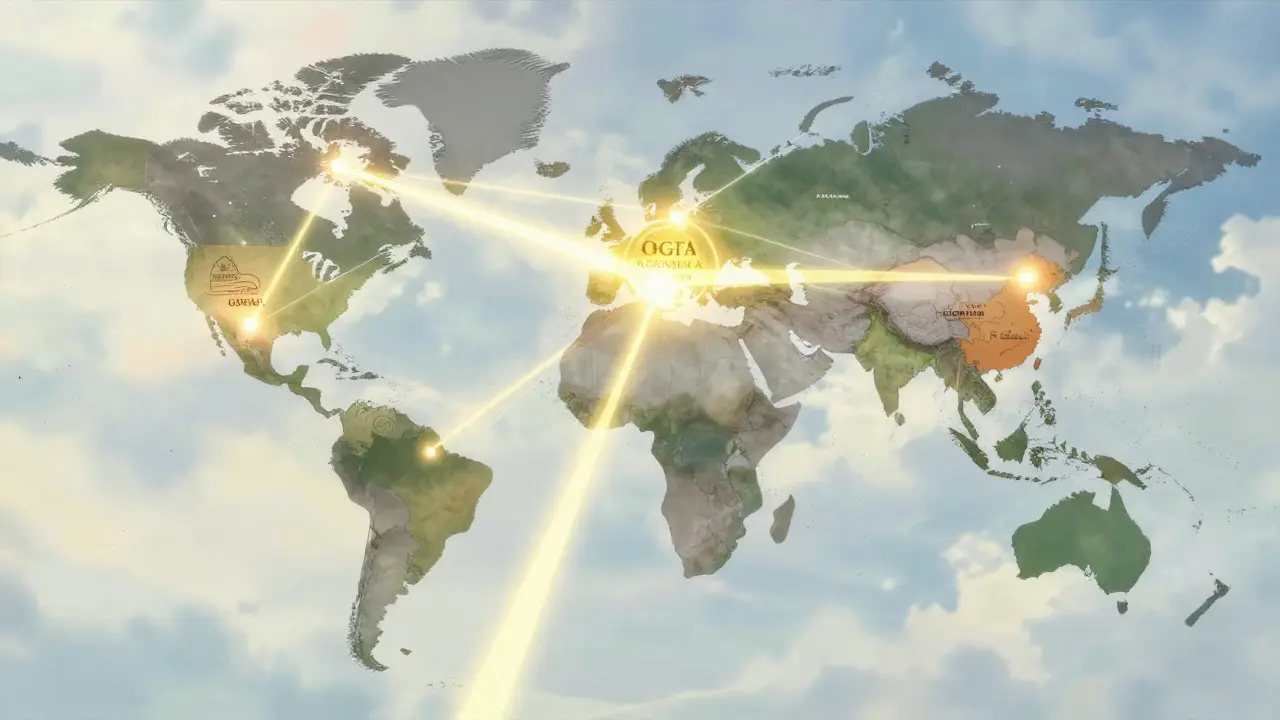 Anime illustration of a global map connecting the US to international drug manufacturing hubs.