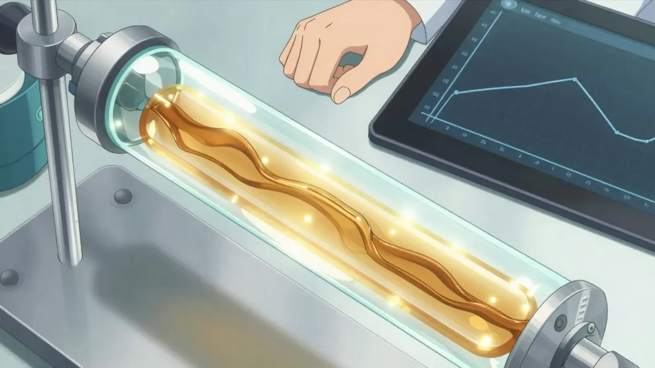 Close-up of a Franz Diffusion Cell with amber liquid passing through a membrane