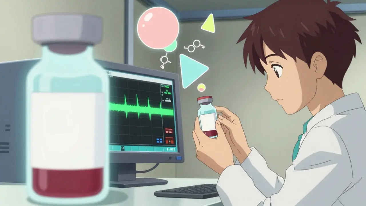 Close-up of a glowing blood vial and medical monitor with a narrow green target range