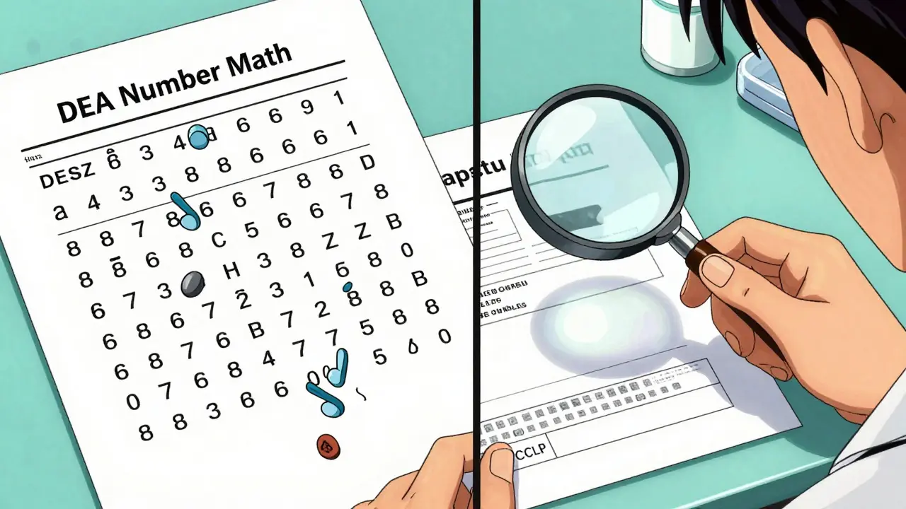 Close-up of prescription verification using a magnifying glass and mathematical analysis