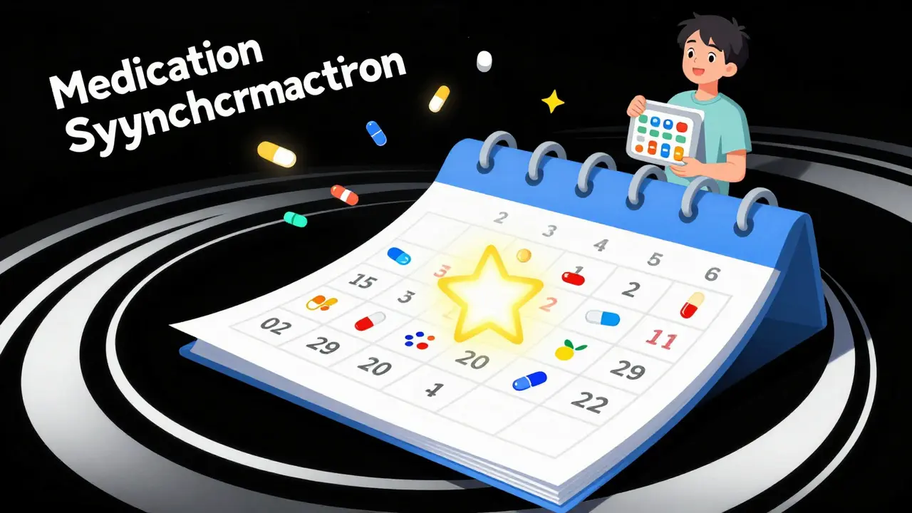 Colorful medication icons converging on a single date on a stylized calendar.