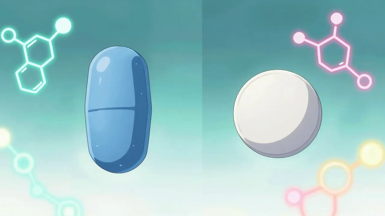 Comparison of a brand-name and generic pill with stylized chemical structures