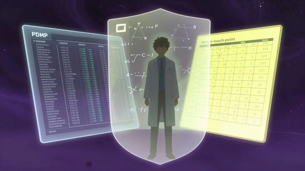 Conceptual illustration of a three-step pharmaceutical verification process