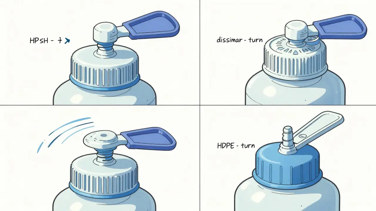 Diagram of push-and-turn and squeeze-and-turn safety caps in manga style