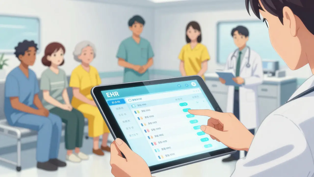 Digital health tablet showing a personalized medication plan in a modern anime clinic.