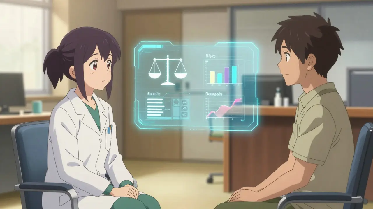 Doctor and patient collaborating over a holographic medical decision tool in a warm setting.