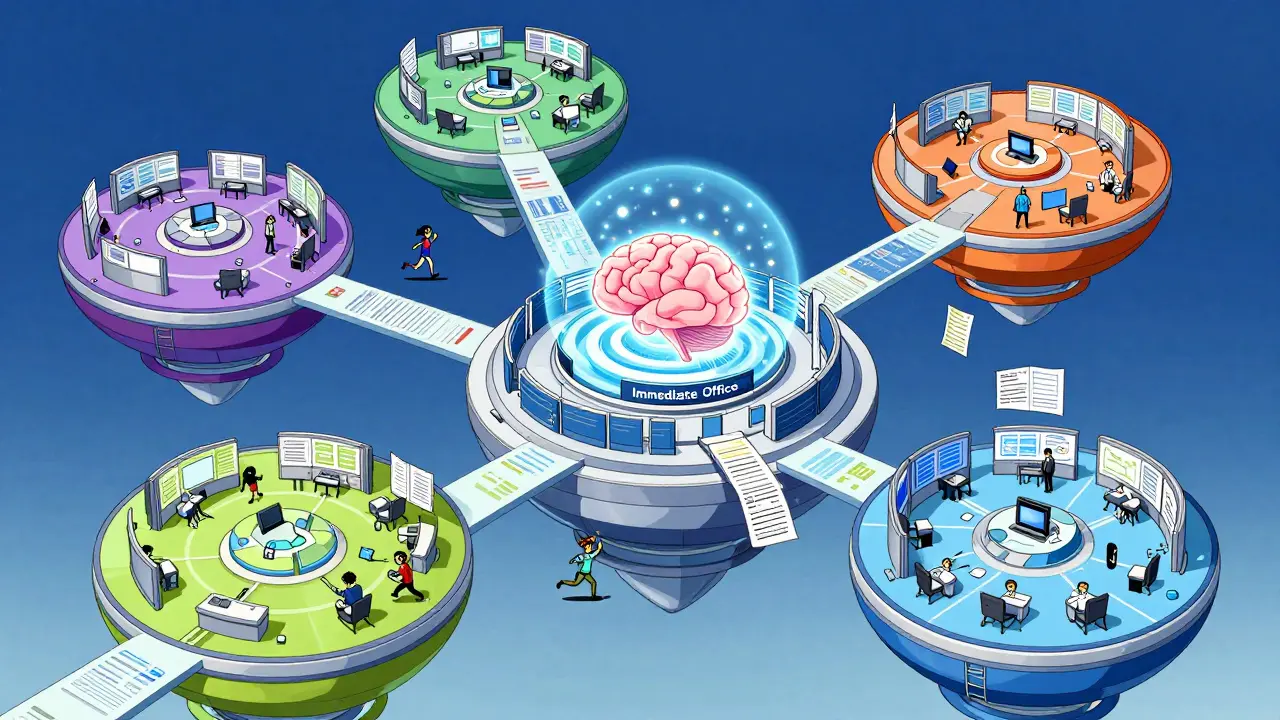 Futuristic anime depiction of the OGD office structure with five interconnected technical sectors.