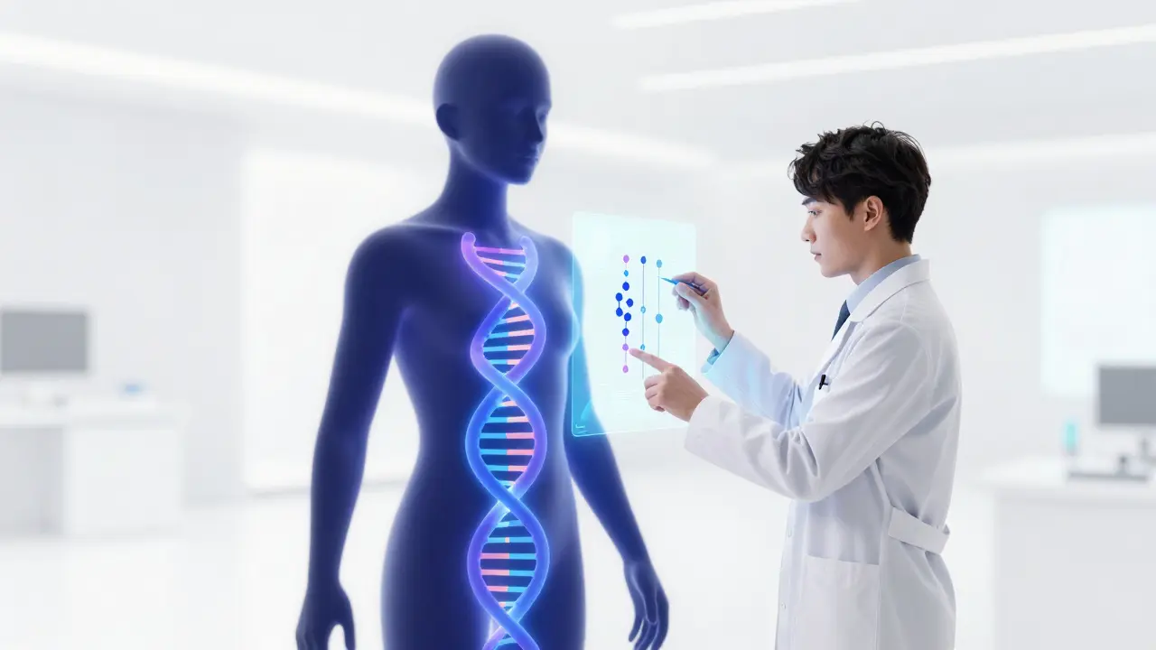 Futuristic depiction of a human silhouette with a glowing DNA helix and holographic medical data