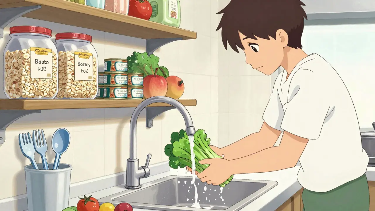 Kitchen scene showing safe food prep and budget ingredients.