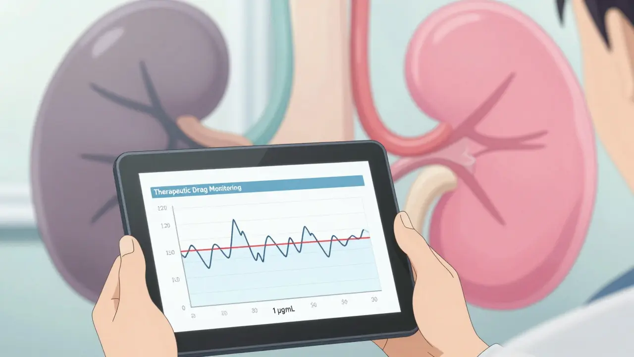 Medical monitoring of drug levels alongside a kidney regenerating and regaining health.