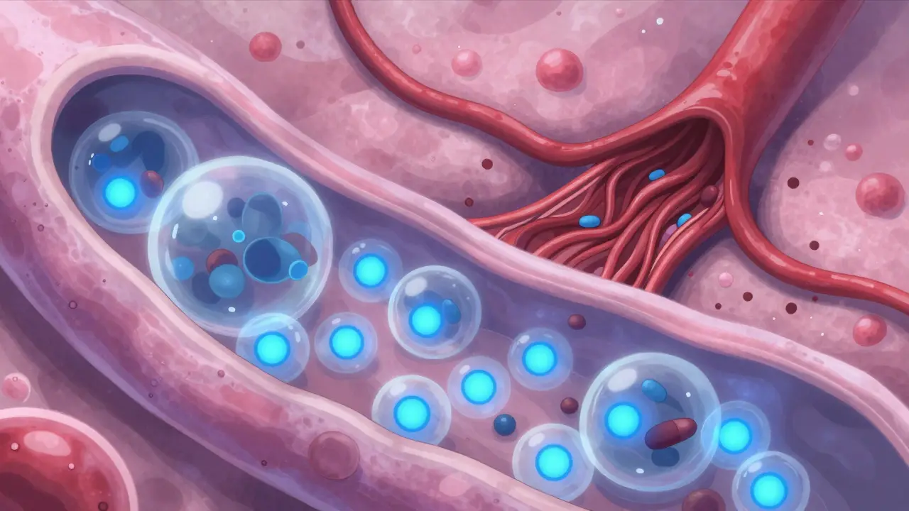 Microscopic view of antibiotic accumulation and blood vessel narrowing in kidney tubules.